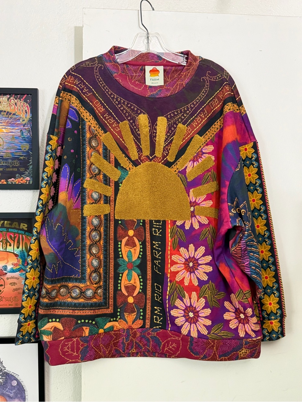 FARM Rio Multicolor Purple Gold Sunburst Floral Crewneck Sweater SM but fits LG